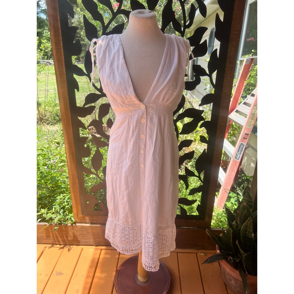 Heartloom White Eyelet Hem Midi Dress Gauze Button Front V-Neck Sleeveless Small